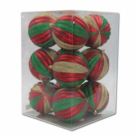 QUEENS OF CHRISTMAS Ball Ornaments Red Gold & Green, 12PK ORNPK-STRPB-TRADG-12